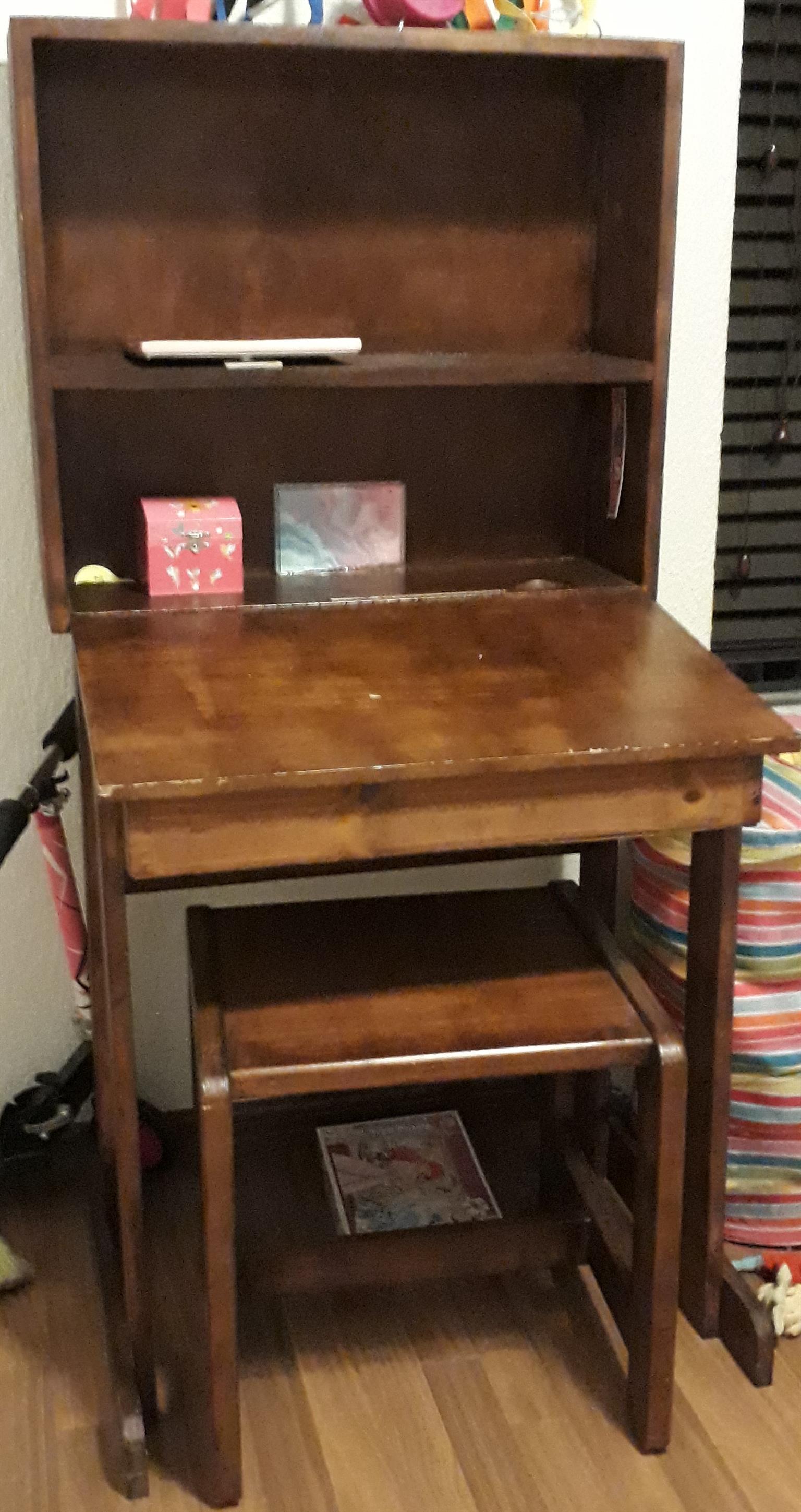 Old Style School Desk Built In Book Shelves And A Stool Junk Mail
