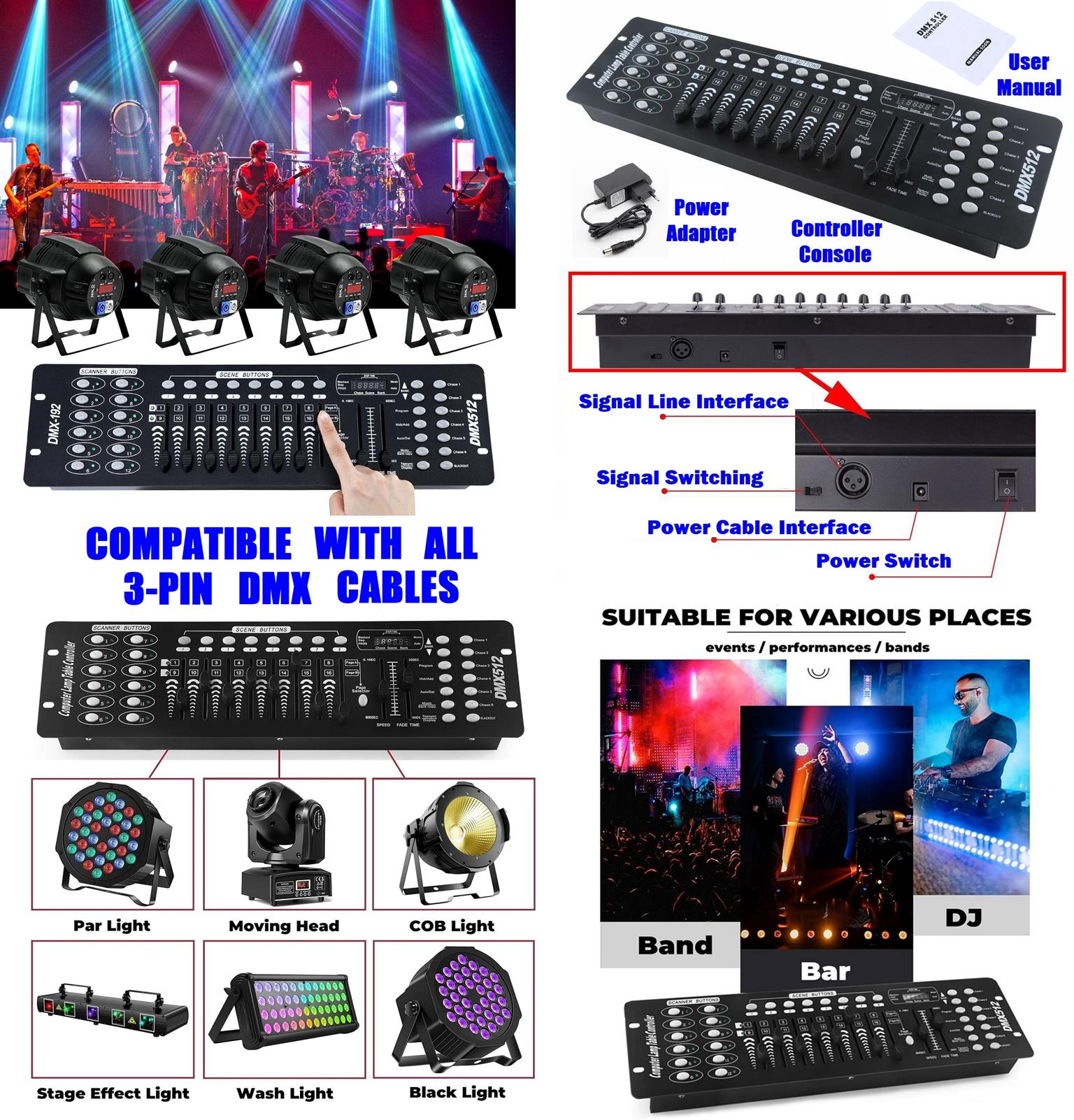 DMX512 Controller Console 192 Ch Light Effects for DJs, Disco, Stage, Party