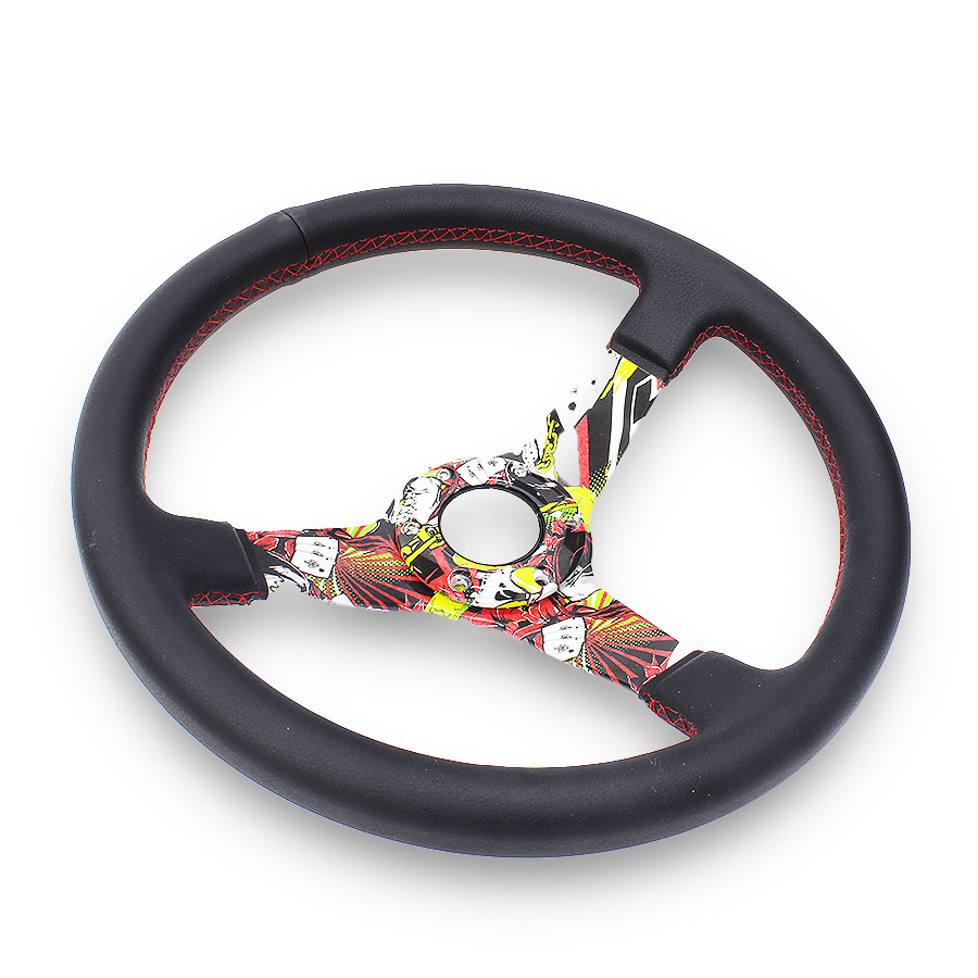 GripForge Leather Steering with Hydrodip Red/Green/yellow Graffiti Design – 350mm