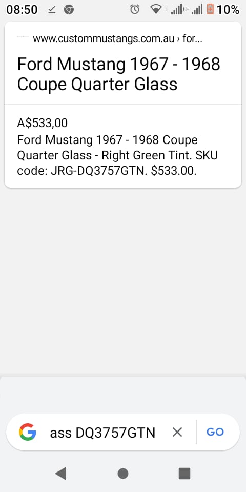 Ford Mustang 1/4 Glass Quarter Glass 1967 - 1968 Model. - Private Seller