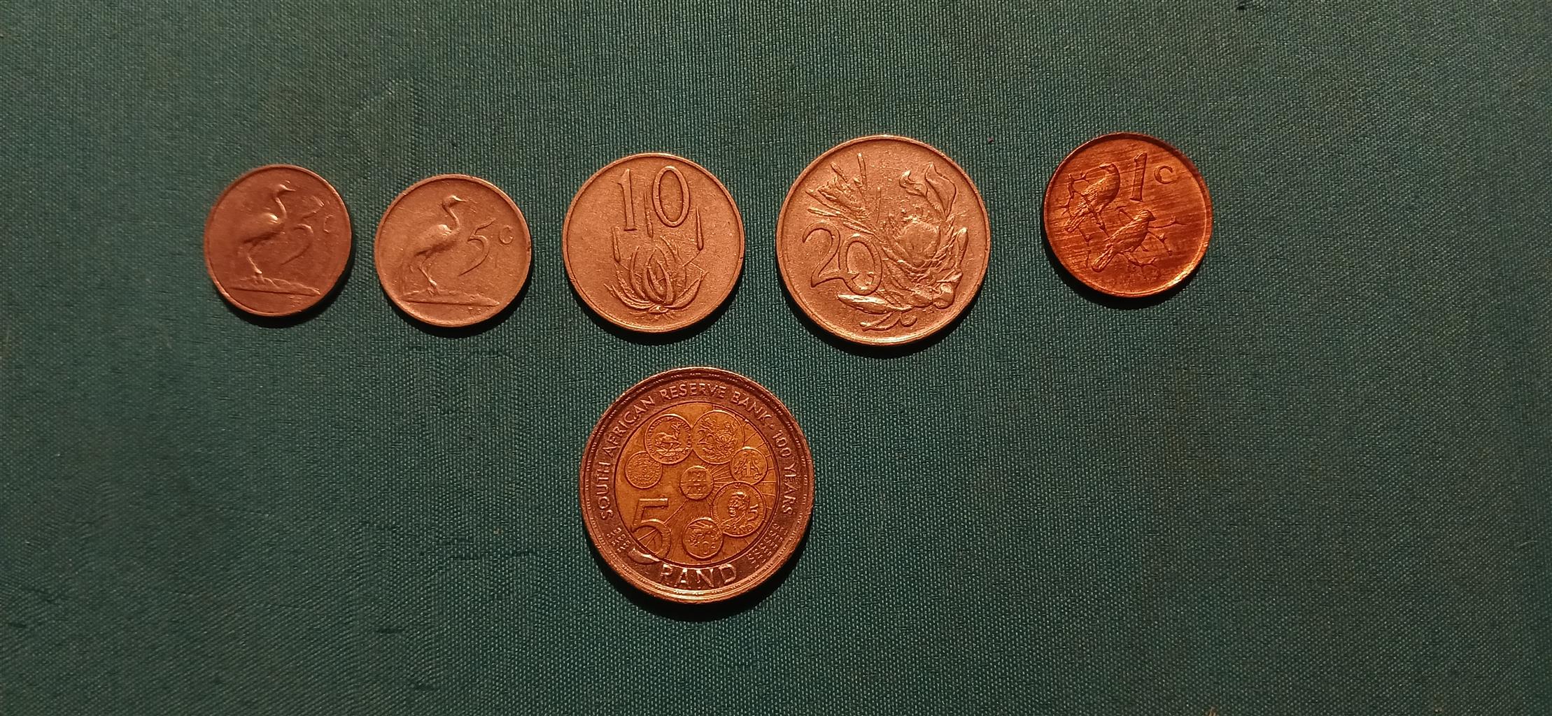 19 65 and 1968 5c, 1965 10c, 1980 20c, 1989 1c and rare 5 rand