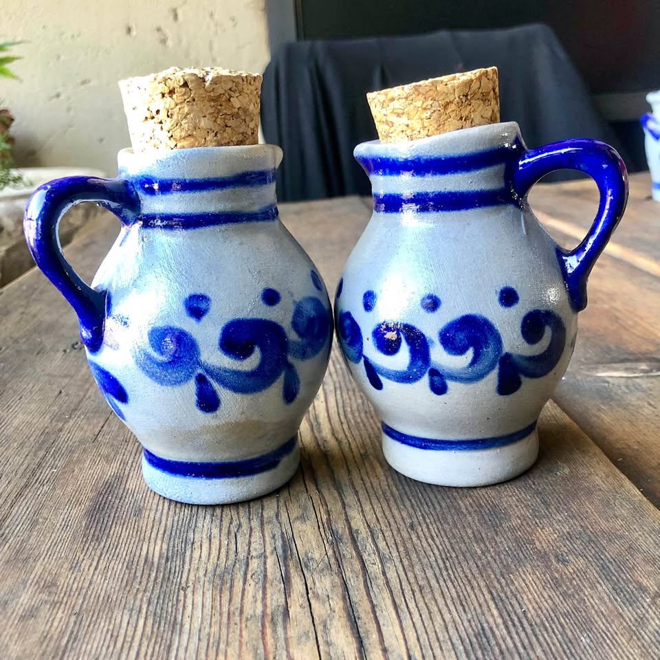 Discover Vintage 1950s German Hand-Painted Cobalt Blue Pottery Pitchers for oil and vinegar Discover Vintage 1950s German Hand-Painted Cobalt Blue Pottery Pitchers for oil and vinegar