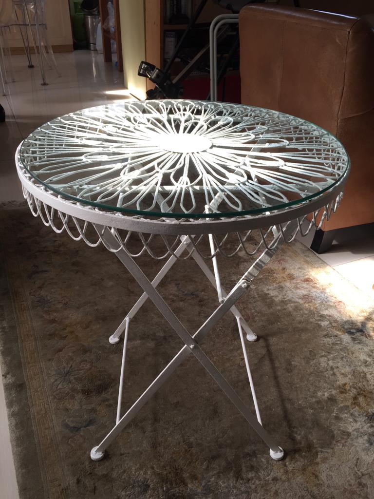 Antique Foldable Wrought Iron Patio Table With Glass Top