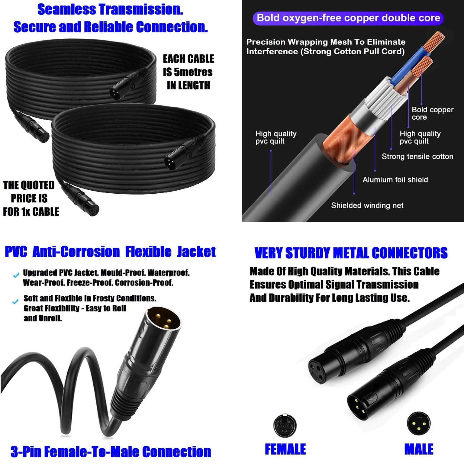 DMX512 Cable 3Pin 5metres XLR Male Female for Audio, Sound, Visual Equipment.NEW