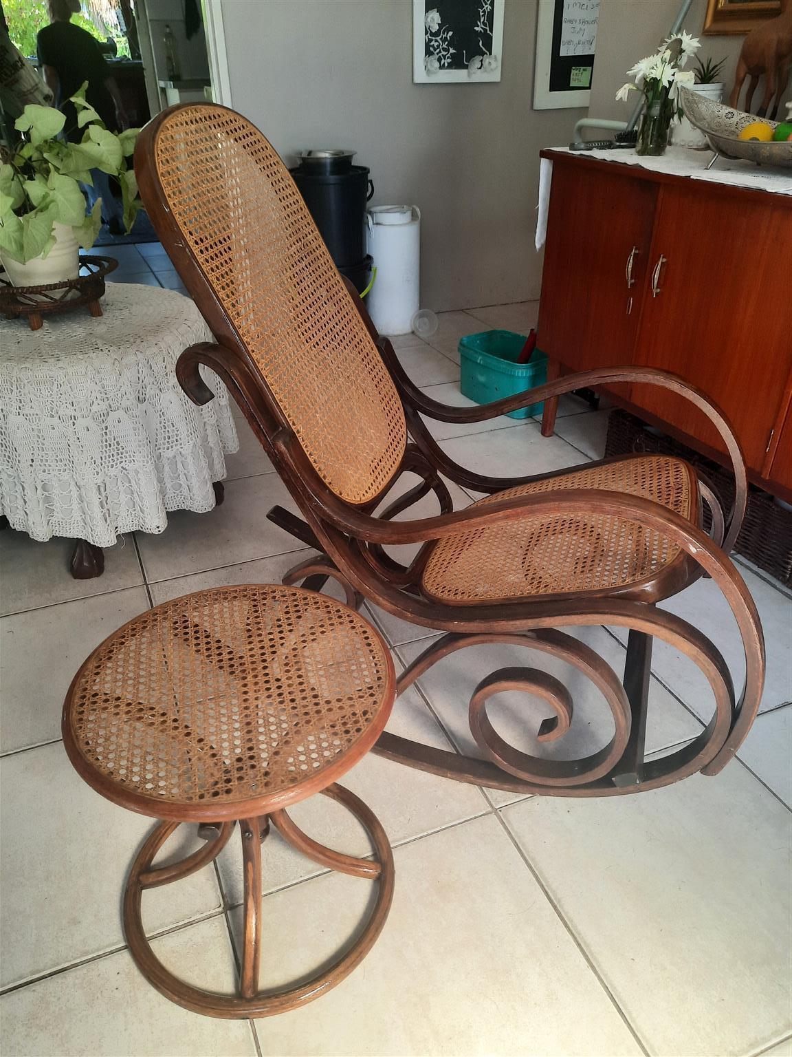 Grandma's rocking chair. Antique restored with side table.