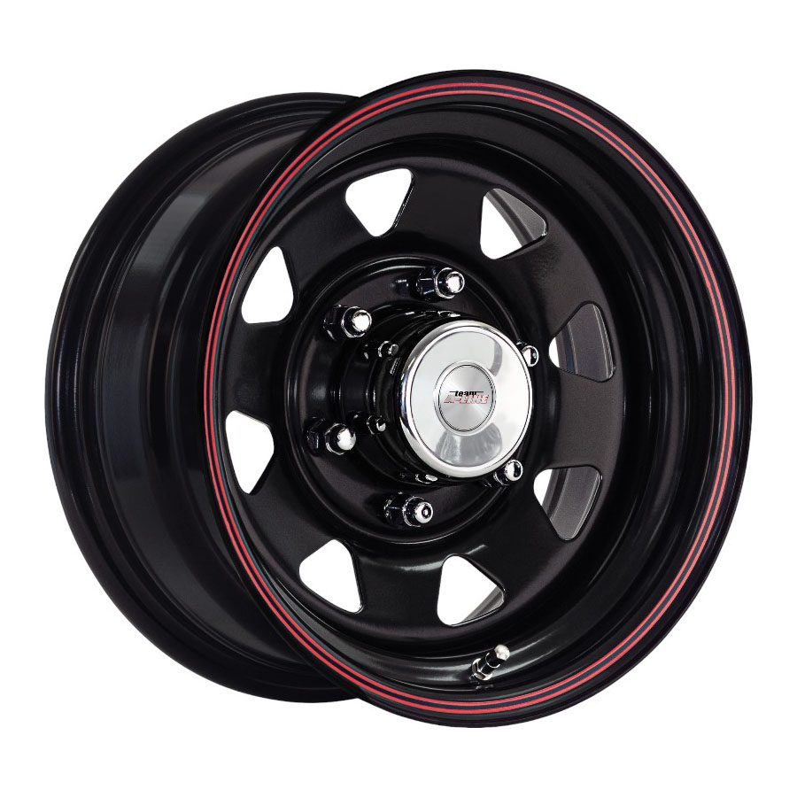 14″ A-Line Black Spoke 6/139 Satin Black with Red Stripe Steel Wheels 14″ A-Line Black Spoke 6/139 Satin Black with Red Stripe Steel Wheels