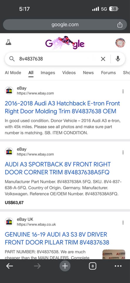 AUDI A3 SPORTBACK 8V FRONT RIGHT DOOR CORNER MOULDING SAMOSA TRIM 8V4837638A5FQ - Private Seller AUDI A3 SPORTBACK 8V FRONT RIGHT DOOR CORNER MOULDING SAMOSA TRIM 8V4837638A5FQ - Private Seller