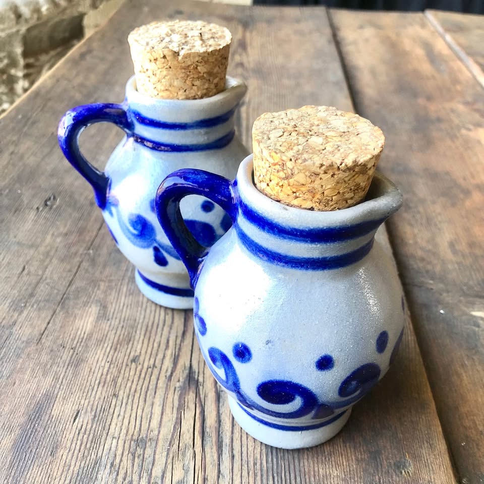 Discover Vintage 1950s German Hand-Painted Cobalt Blue Pottery Pitchers for oil and vinegar
