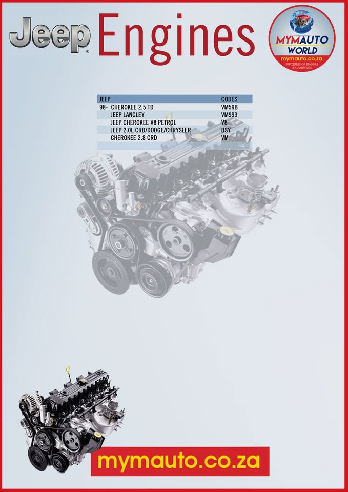 MYM IMPORTERS OF SECOND HAND JEEP ENGINES AND GEARBOXES - Private Seller MYM IMPORTERS OF SECOND HAND JEEP ENGINES AND GEARBOXES - Private Seller