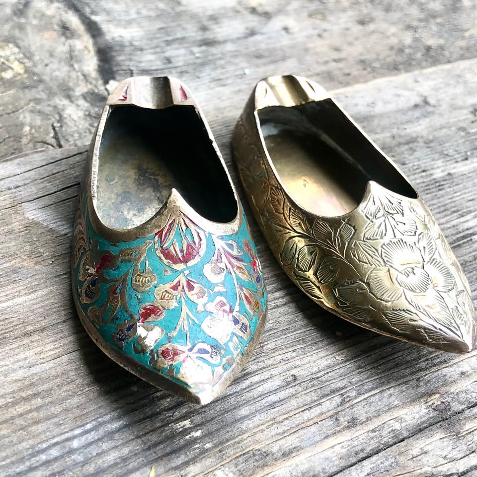 2x Vintage Indian Brass Shoe Ashtrays