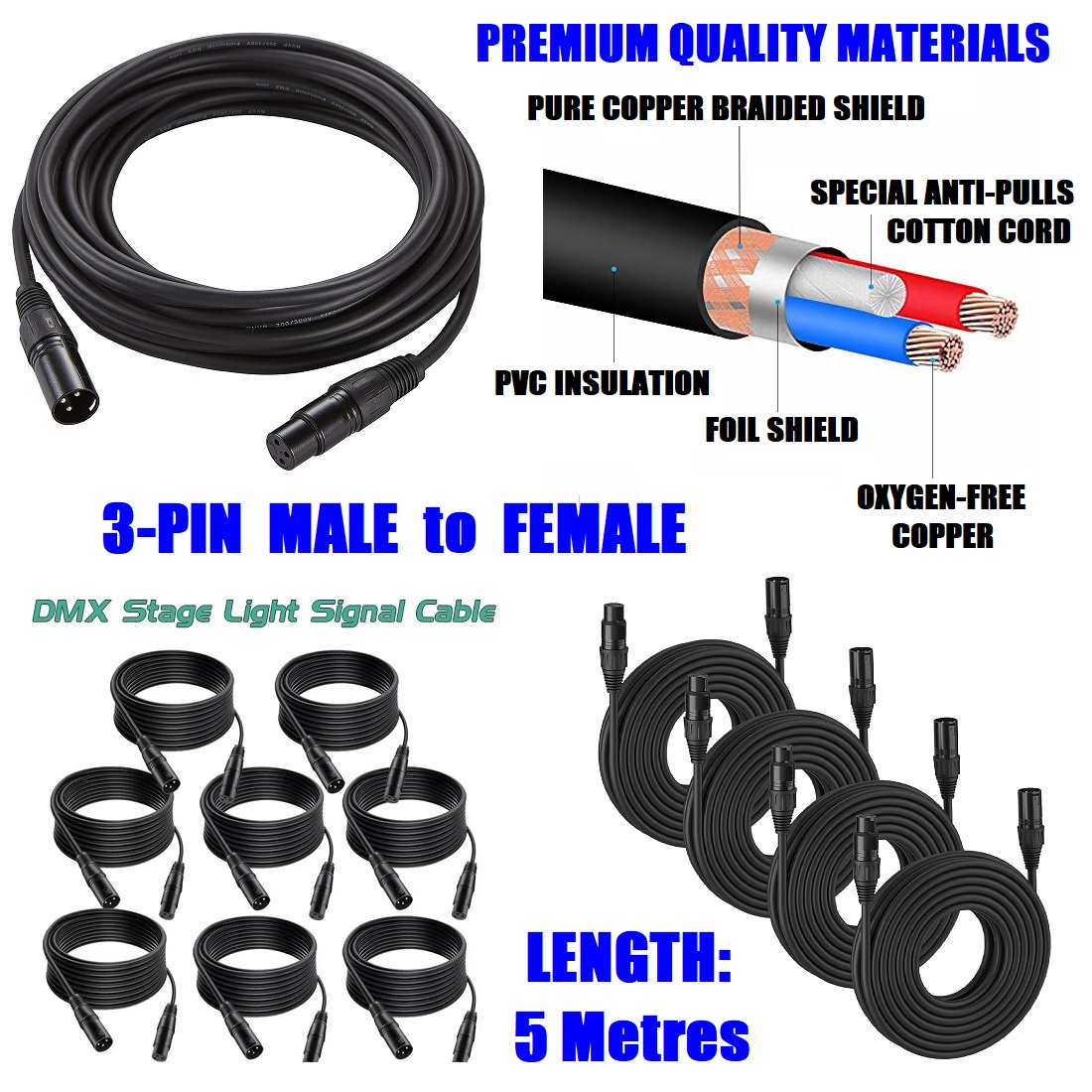 DMX512 Cable 3Pin 5metres XLR Male Female for Audio, Sound, Visual Equipment.NEW