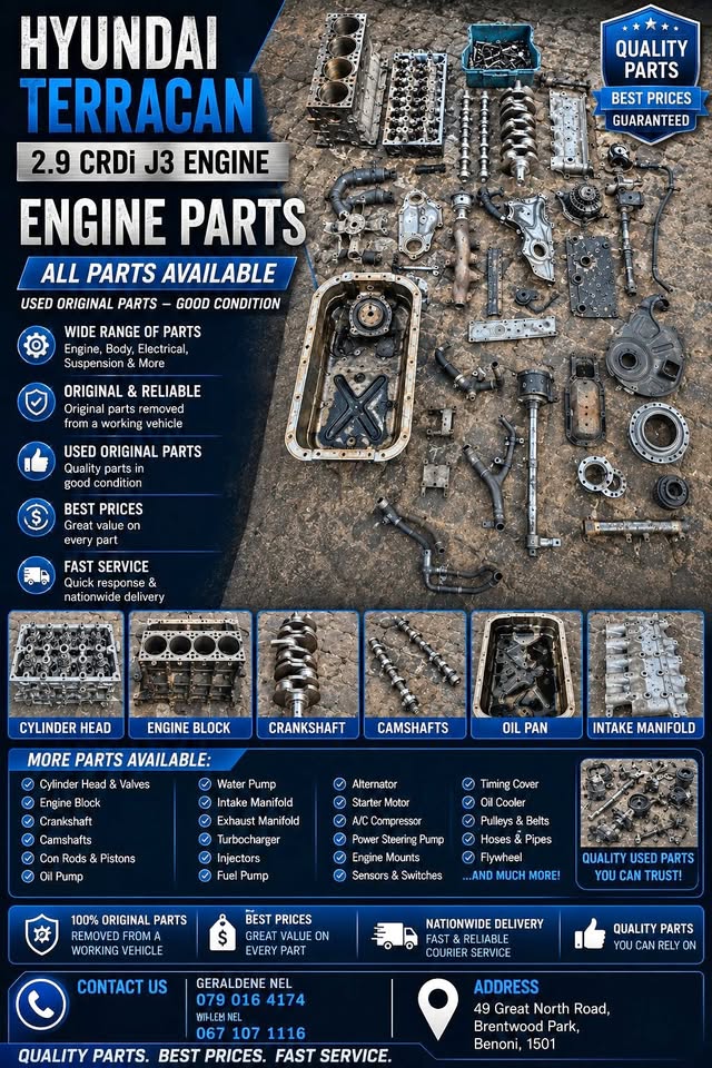 HYUNDAI TERRACAN 2.9 CDRi ENGINE PARTS USED ORIGINAL HYUNDAI MANUFACTURE - Private Seller HYUNDAI TERRACAN 2.9 CDRi ENGINE PARTS USED ORIGINAL HYUNDAI MANUFACTURE - Private Seller