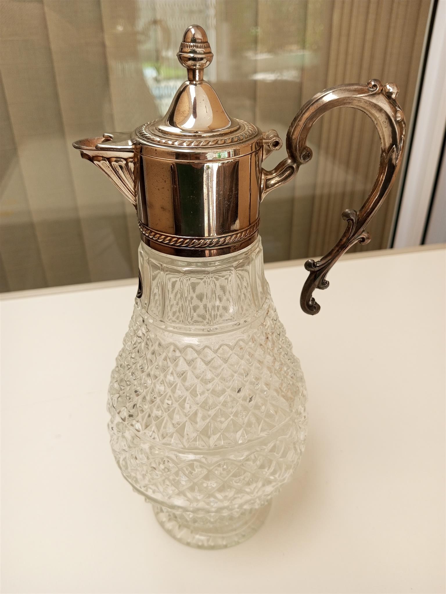 Diamond Point Crystal Water Pitcher Silver Plated Hinged Lid 12 “ Tall