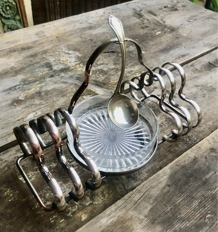 Vintage Silver Plated Toast Rack with Glass Bowl for butter or jam - Early 1950s