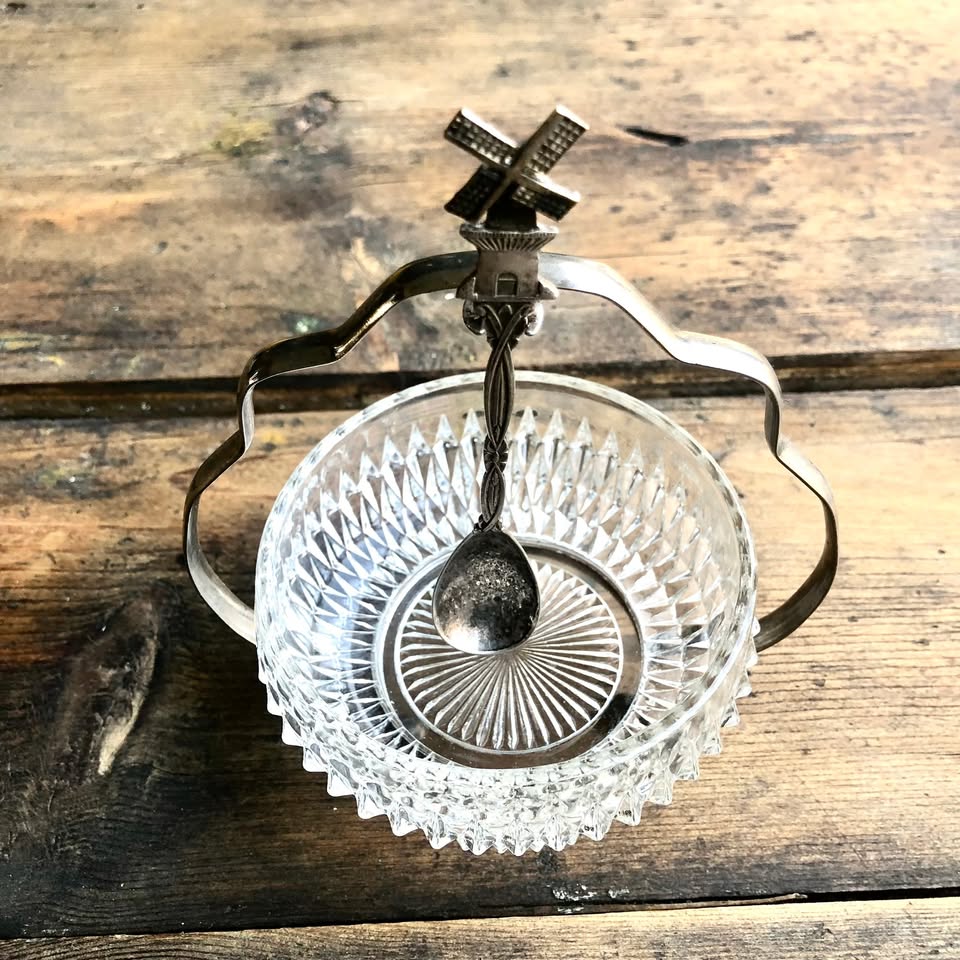 For Sale: Elegant Glass Sugar Bowl with Silver-Plated Frame & Charming Windmill Spoon