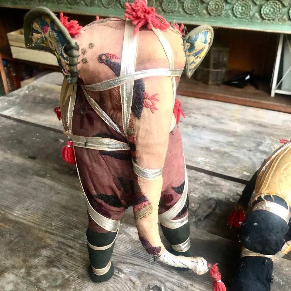 Vintage Hand-Crafted Anglo Raj Embroidered Stuffed Ceremonial Elephants - Pair
