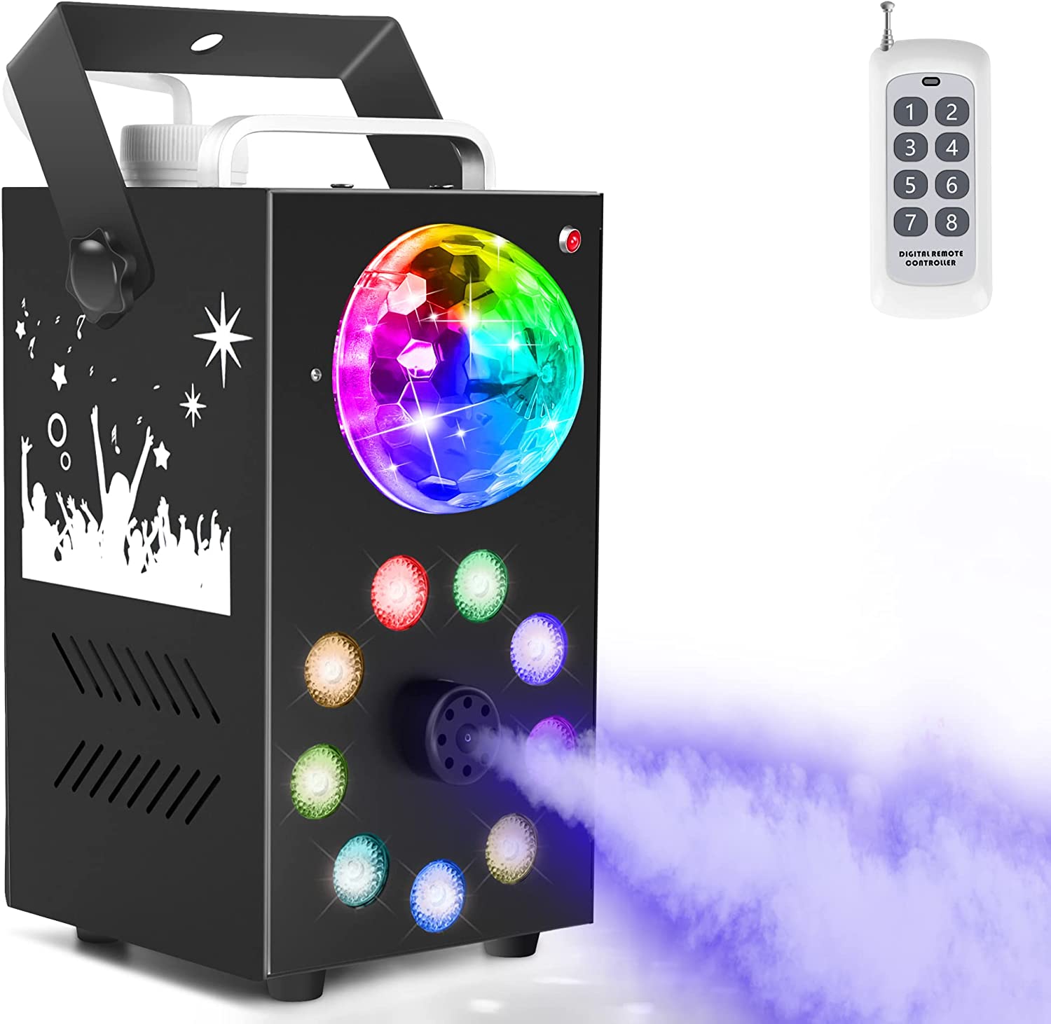 Professional Smoke Fog Machine with MultiColour RGB LEDs, Rotating Light Ball.