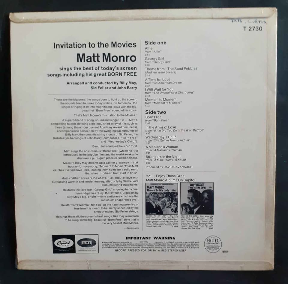 Matt Monro - Born Free (Invitation To The Movies) LP Record