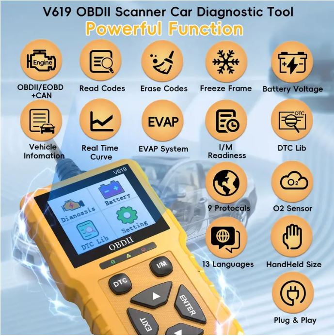 V619 – OBDII Car Scanner Diagnostic Tool, Auto Check Engine Code Reader Reset