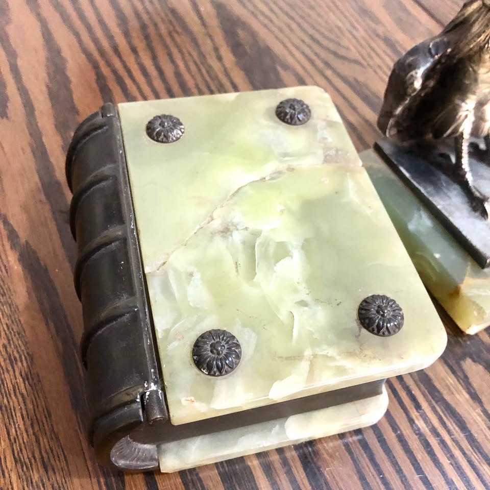 Antique Austrian Bronze & Green Onyx Book-Shaped Box & matching Bird book end, col-in Florida Glen