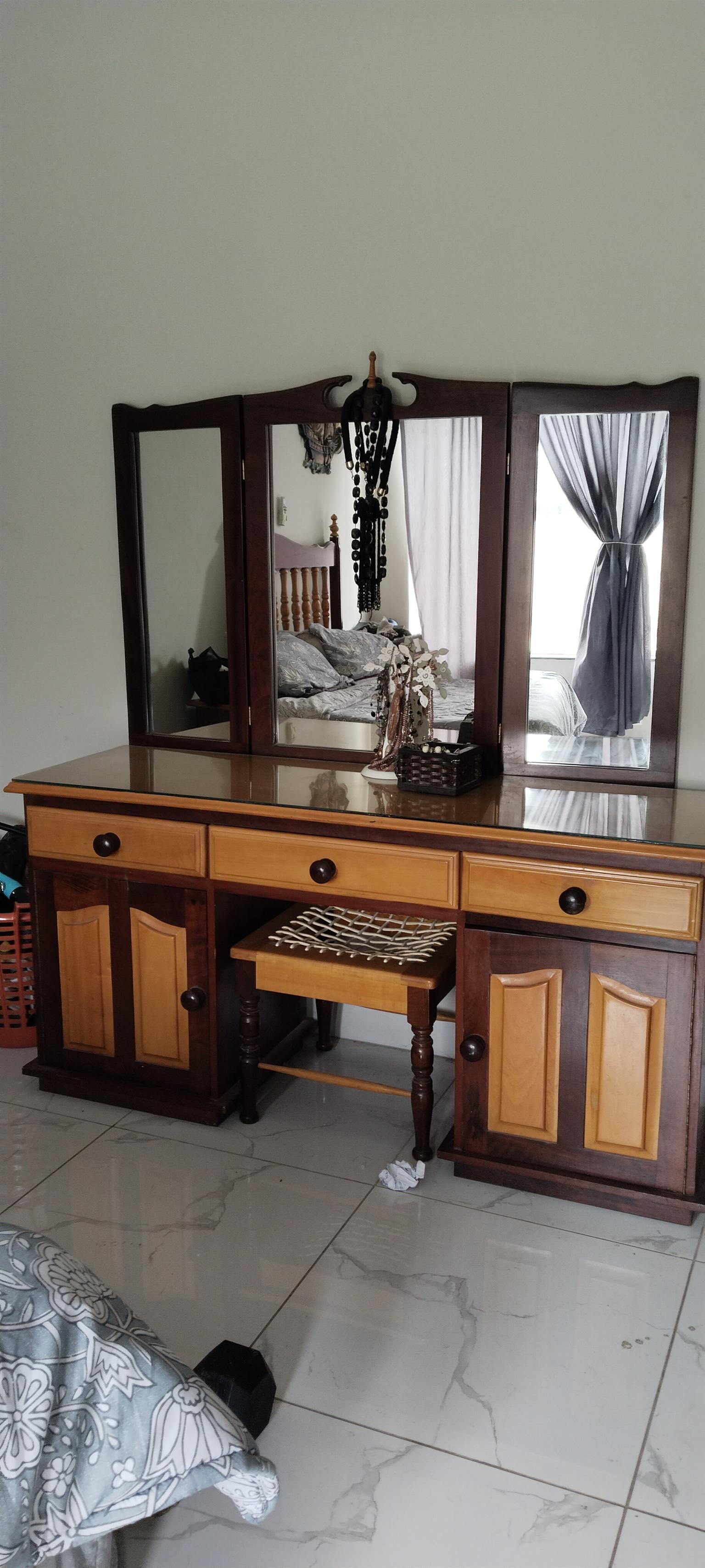 Antique imbua and yellow wood dressing table with stool Antique imbua and yellow wood dressing table with stool