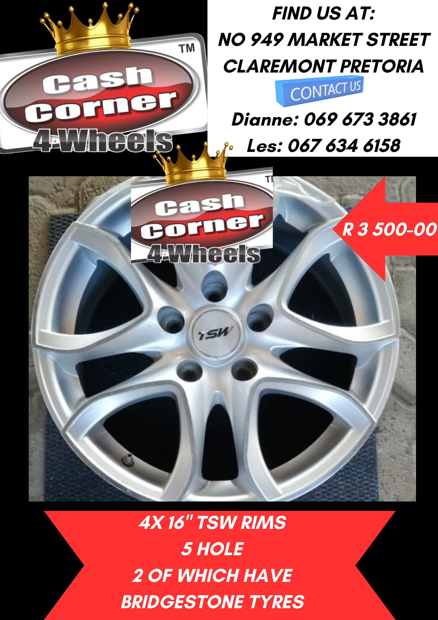 4X 16" TSW MAGS 5 HOLE AND 2 BRIDGESTONE TYRES - Private Seller 4X 16" TSW MAGS 5 HOLE AND 2 BRIDGESTONE TYRES - Private Seller