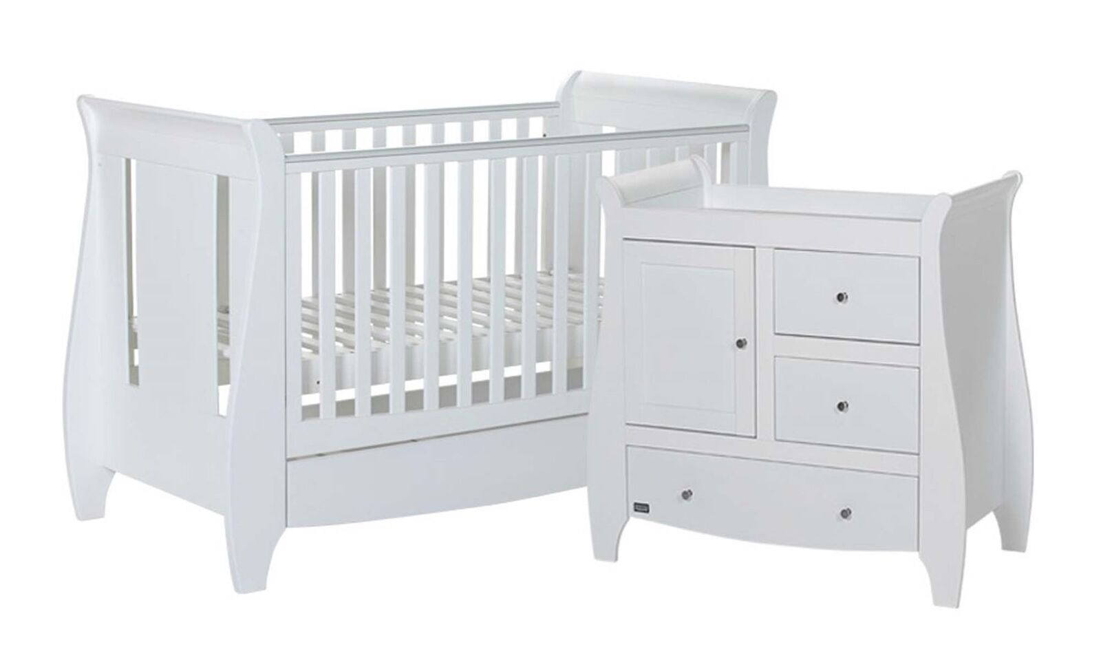 Katie Sleigh 2pc Room Set White Nusery Baby Cot Bed Changer
