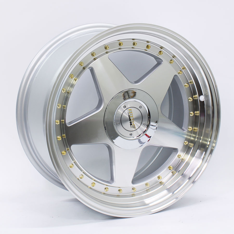17″ A-Line Swag 5/100 & 5/114 Silver Machine Face with Gold Rivet Alloy Wheels