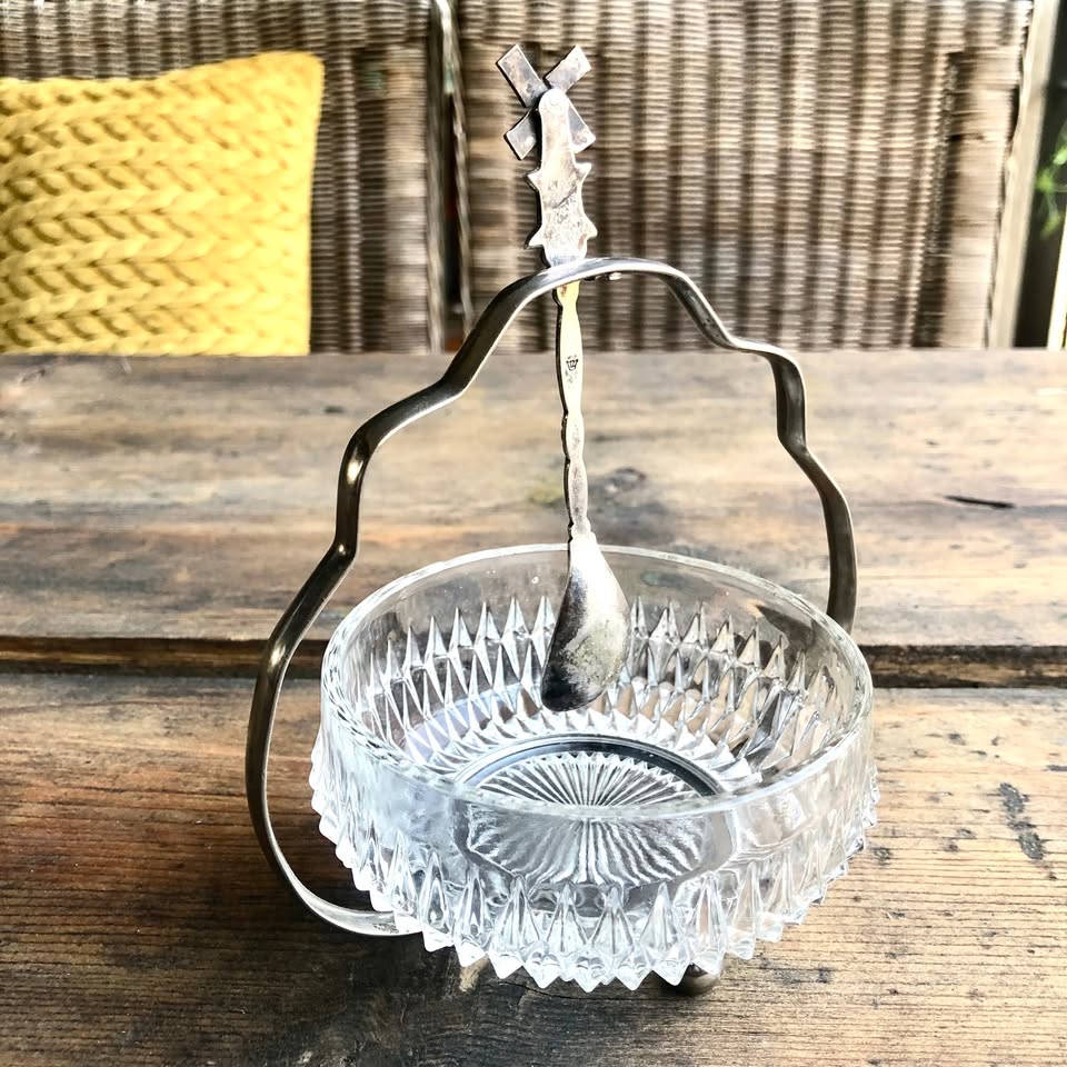 For Sale: Elegant Glass Sugar Bowl with Silver-Plated Frame & Charming Windmill Spoon