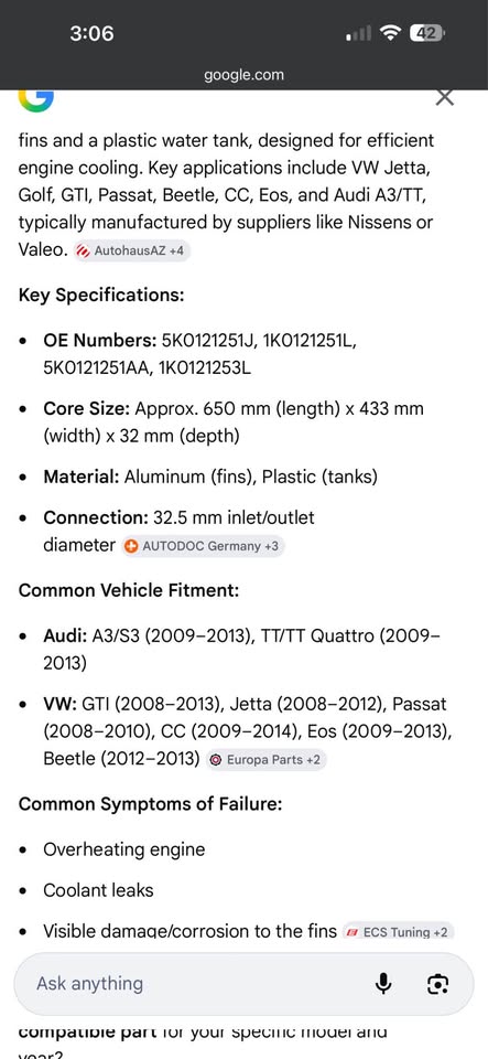 VW Jetta, Golf, GTI, Passat, Beetle, CC, Eos, and Audi A3/TT, Radiator - Private Seller VW Jetta, Golf, GTI, Passat, Beetle, CC, Eos, and Audi A3/TT, Radiator - Private Seller