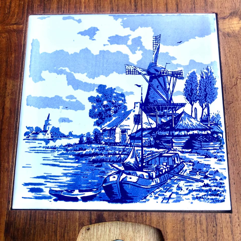 Vintage Delft Blue and White Windmill Tile Cheese Cutting Board With Knife
