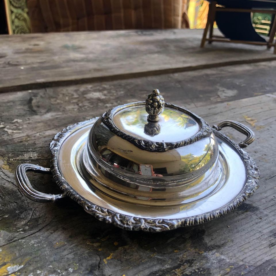 Vintage Seranco EPNS Art Nouveau Silver Plated Butter Dish with Handles and Lid