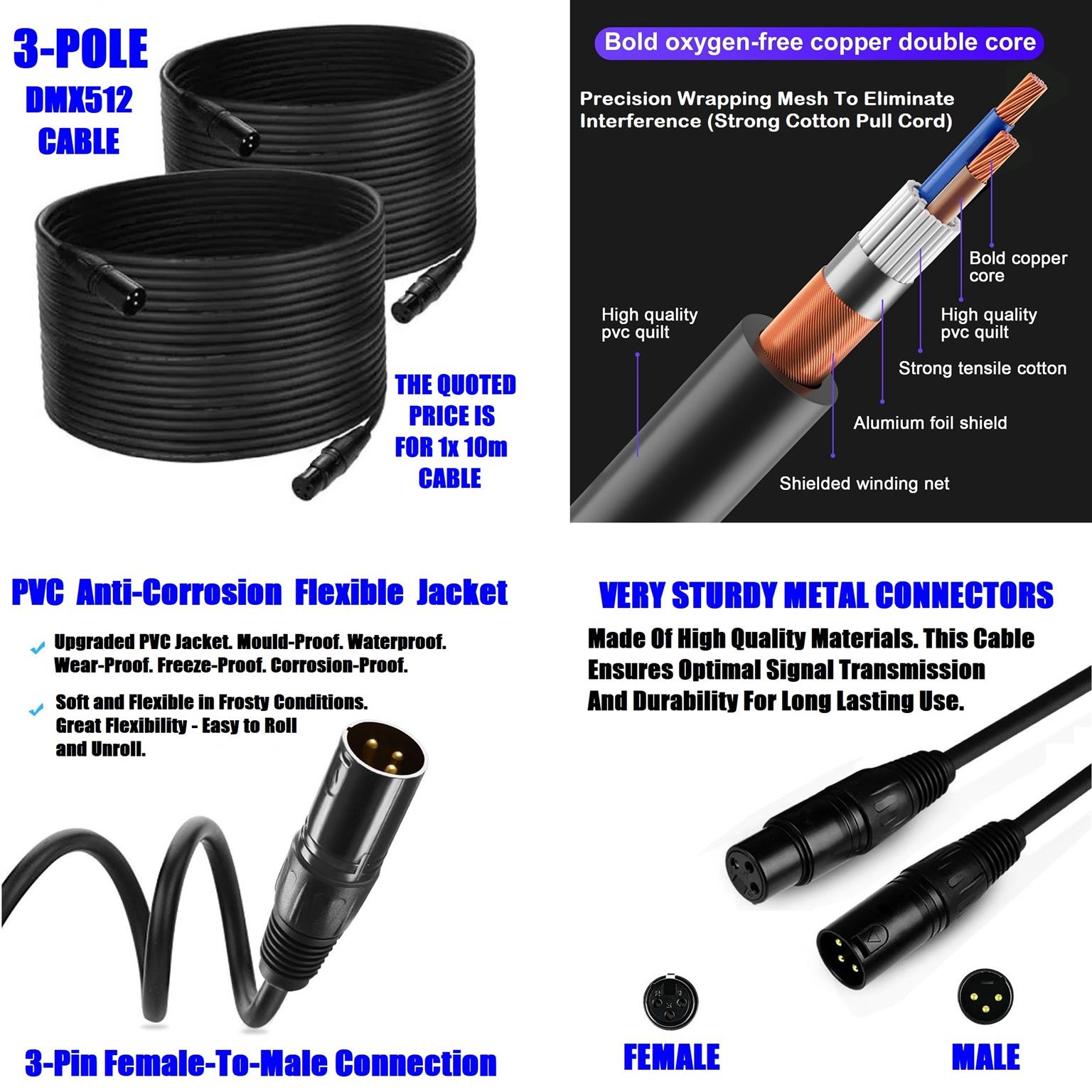 DMX512 Cable 3Pin 10m XLR Male to Female for Audio, Sound, Visual Equipment. NEW
