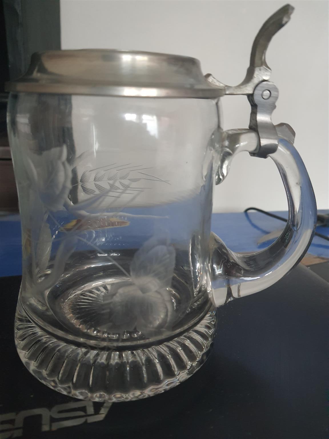 BMW Pewter lid glass beer stein mug - ERBO ZINN 8"