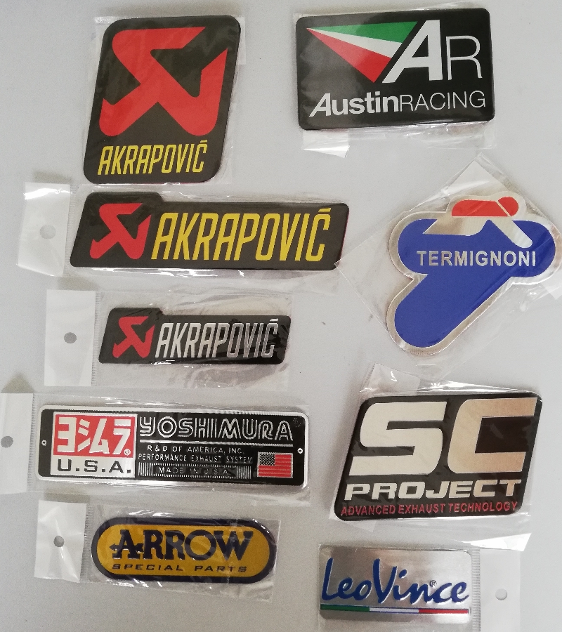 Heat resistant motorcycle exhaust plate decals / metal stickers / badges. Heat resistant motorcycle exhaust plate decals / metal stickers / badges.