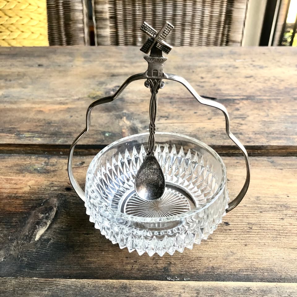 For Sale: Elegant Glass Sugar Bowl with Silver-Plated Frame & Charming Windmill Spoon For Sale: Elegant Glass Sugar Bowl with Silver-Plated Frame & Charming Windmill Spoon