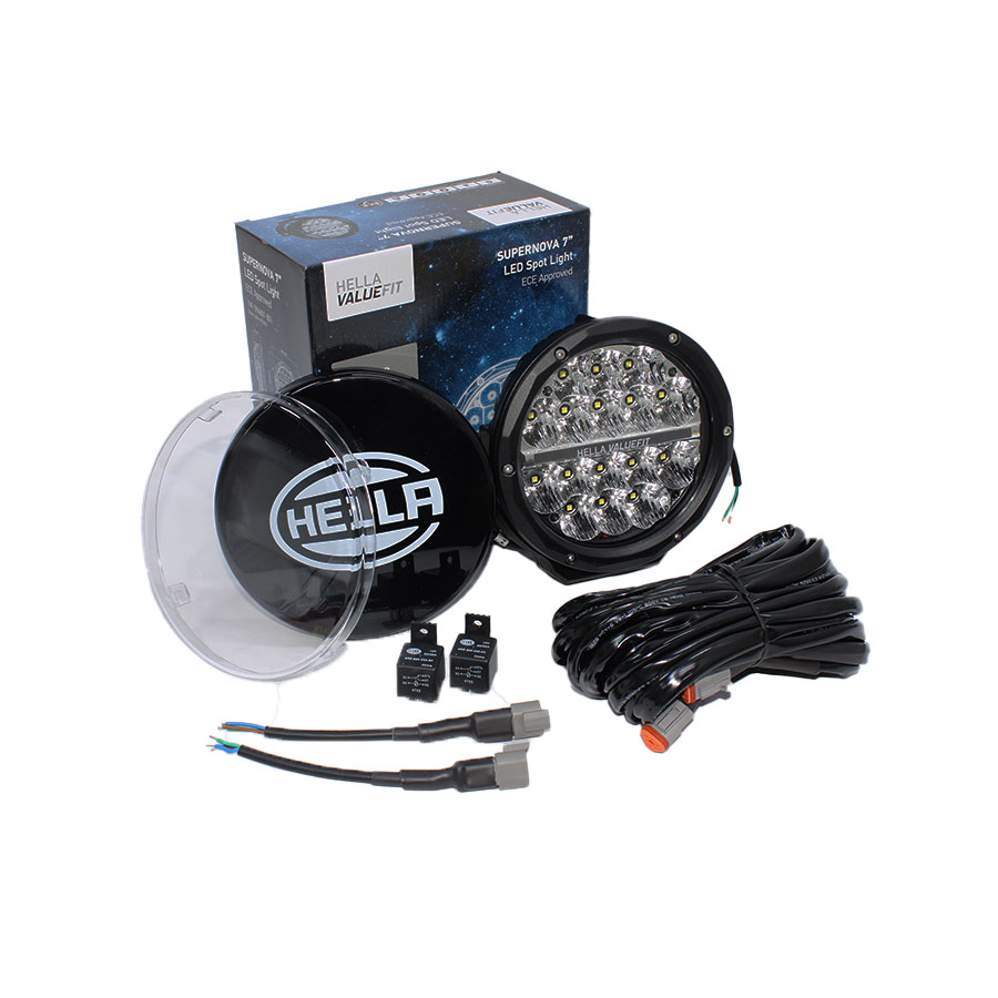 Hella 7″ Nova LED Lamp Combo Set with Relay, Harness, Clear & Black Clip-on Covers