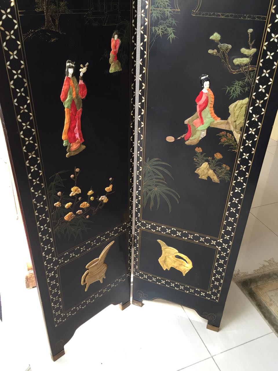 Antique Coromandel Screen/Oriental Dressing Screen/Ebonized Folding Room Divider - price reduced to clear
