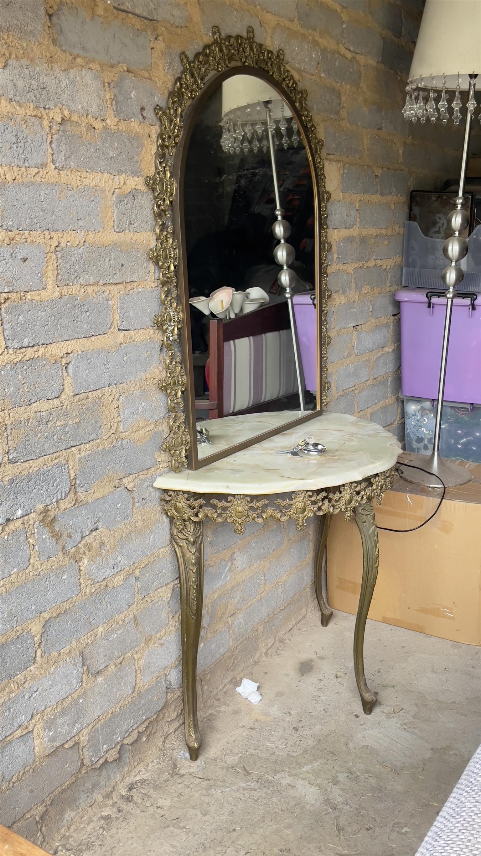 Stunning ornate moulded brass wall mirror and half moon marble table