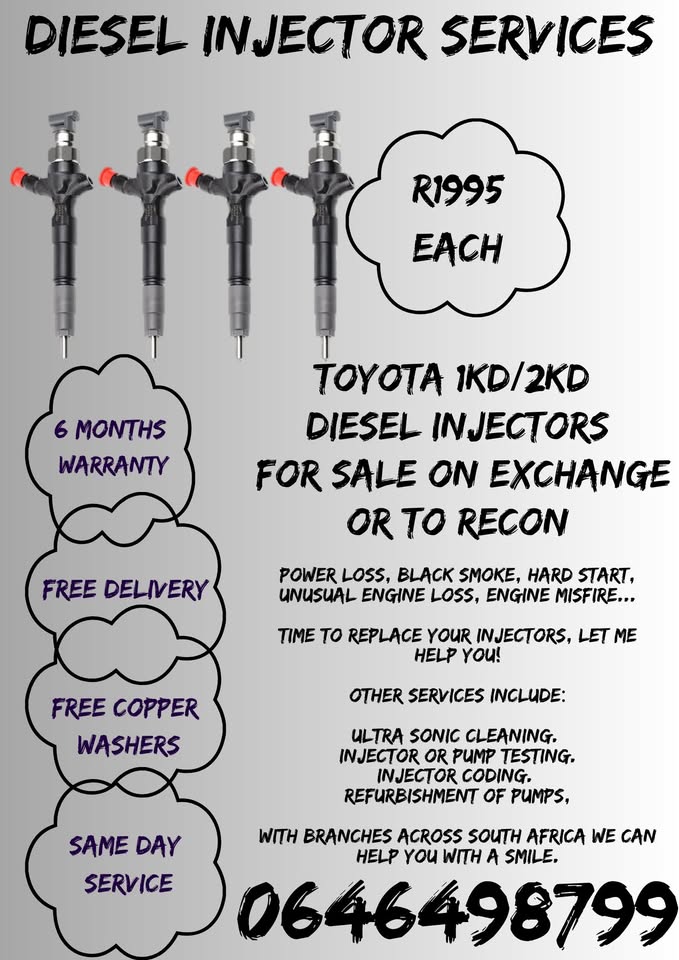 TOYOTA DIESEL INJECTORS FOR SALE ON EXCHANGE OR RECON WITH 6 MONTHS WARRANTY - Private Seller TOYOTA DIESEL INJECTORS FOR SALE ON EXCHANGE OR RECON WITH 6 MONTHS WARRANTY - Private Seller