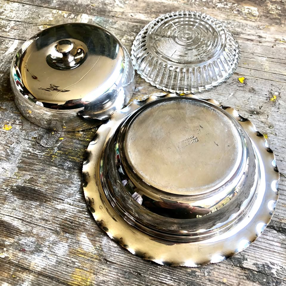 Antique Silver Plated Butter Dish – Scalloped Edge with Glass Inner