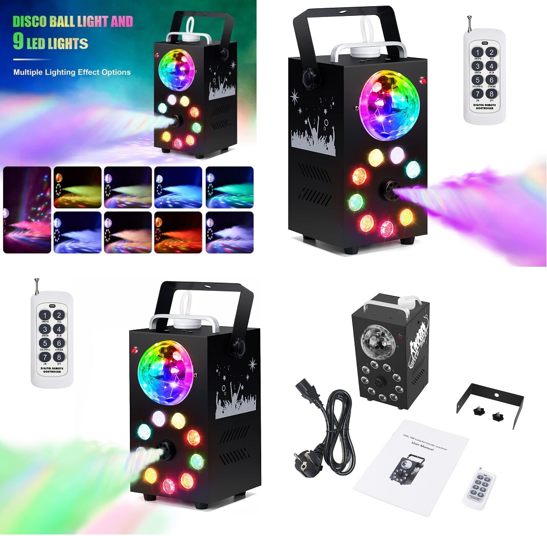Professional Smoke Fog Machine with MultiColour RGB LEDs, Rotating Light Ball. Professional Smoke Fog Machine with MultiColour RGB LEDs, Rotating Light Ball.
