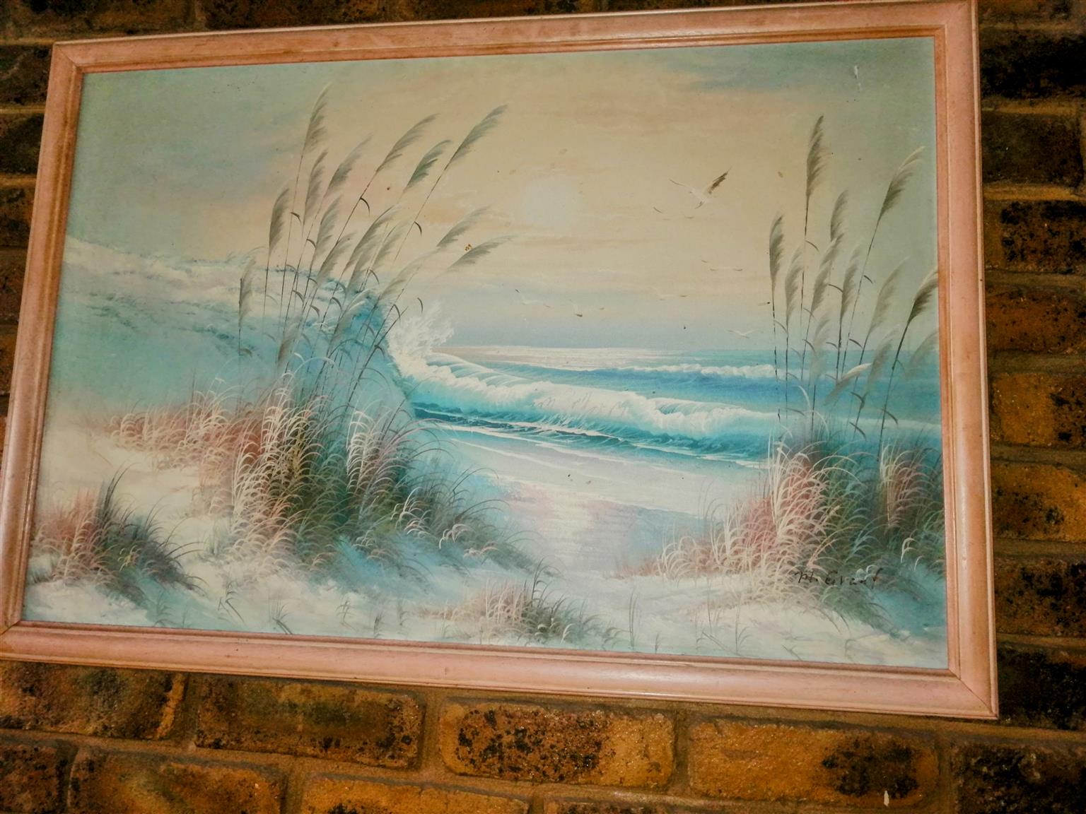 Pastel seaside oil painting 63cm by 97 cm framed artist M. GRANT R1000 NEG Pastel seaside oil painting 63cm by 97 cm framed artist M. GRANT R1000 NEG
