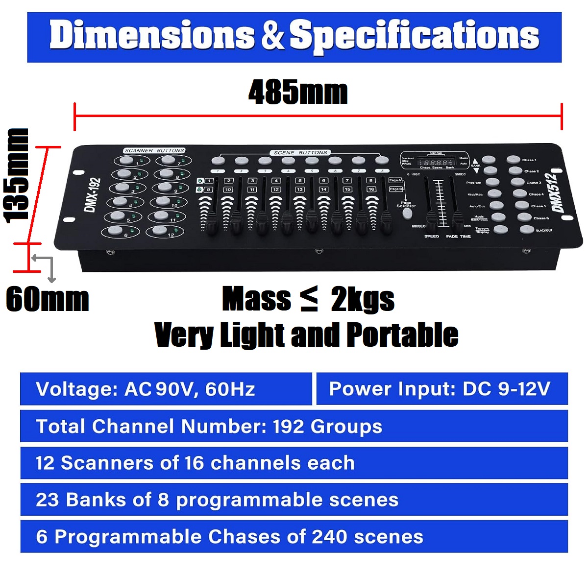 DMX512 Controller Console 192 Ch Light Effects for DJs, Disco, Stage, Party