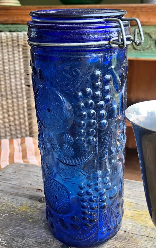 Vintage Glass Cobalt Blue Canister – Pressed Glass with protruding fruit Vintage Glass Cobalt Blue Canister – Pressed Glass with protruding fruit
