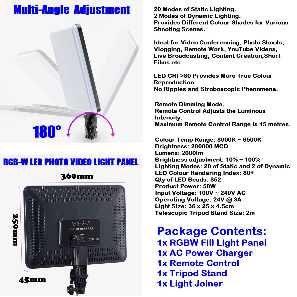 Professional Video & Photo MultiColour RGBW Remote Controlled LED Light Kit. NEW