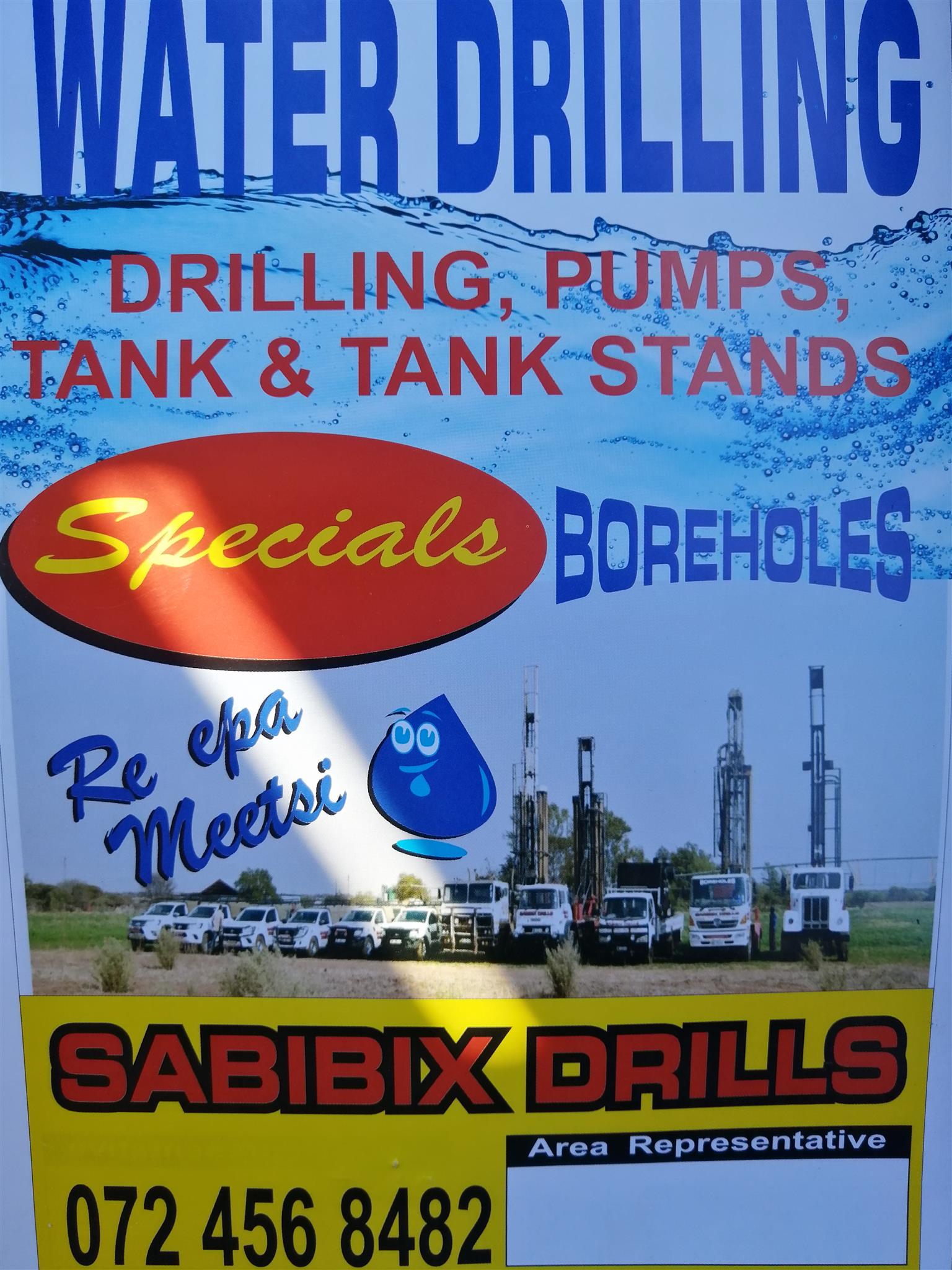 Drilling and cleaning of boreholes, pumps, tanks and tank stands