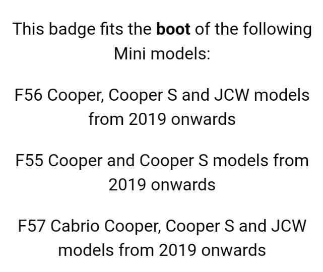 Mini Cooper F55 F56 F57 Back Badge emblem - Private Seller
