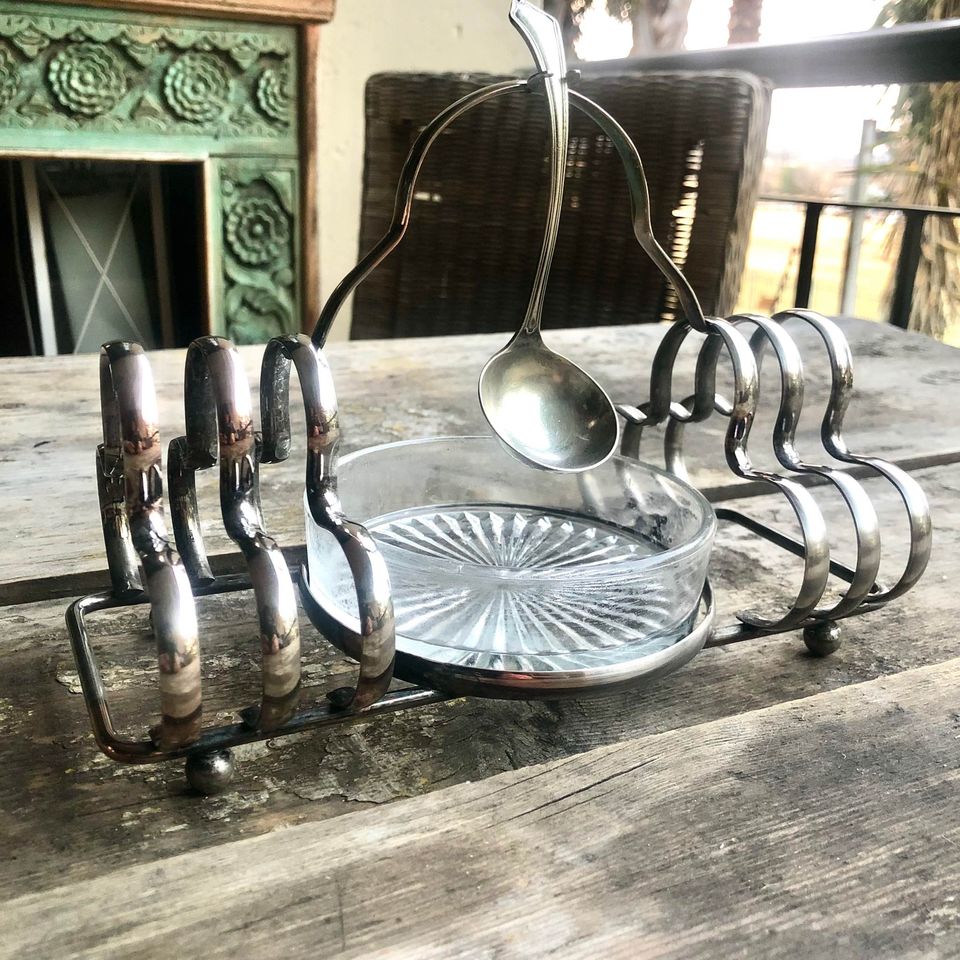 Vintage Silver Plated Toast Rack with Glass Bowl for butter or jam - Early 1950s