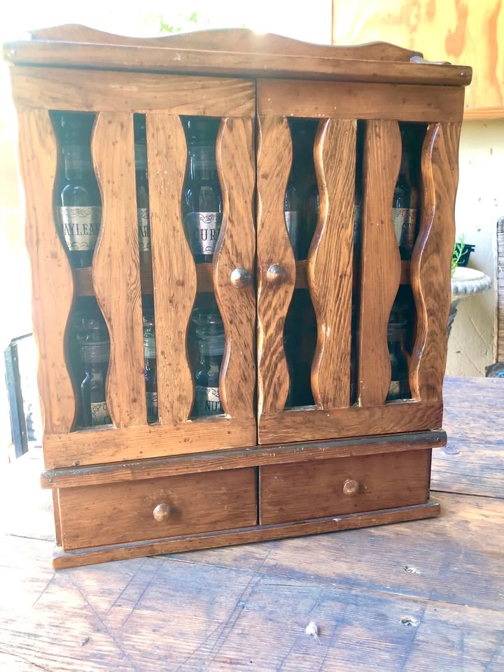 Vintage 60s/70s Wooden Spice Rack with 12 Original Glass Bottles